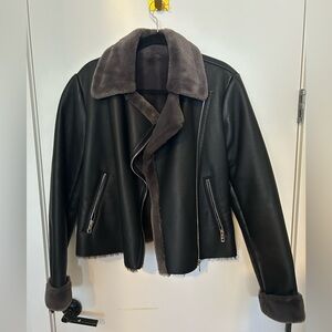 Mango Black Leather Jacket with Gray Faux Fur Lining